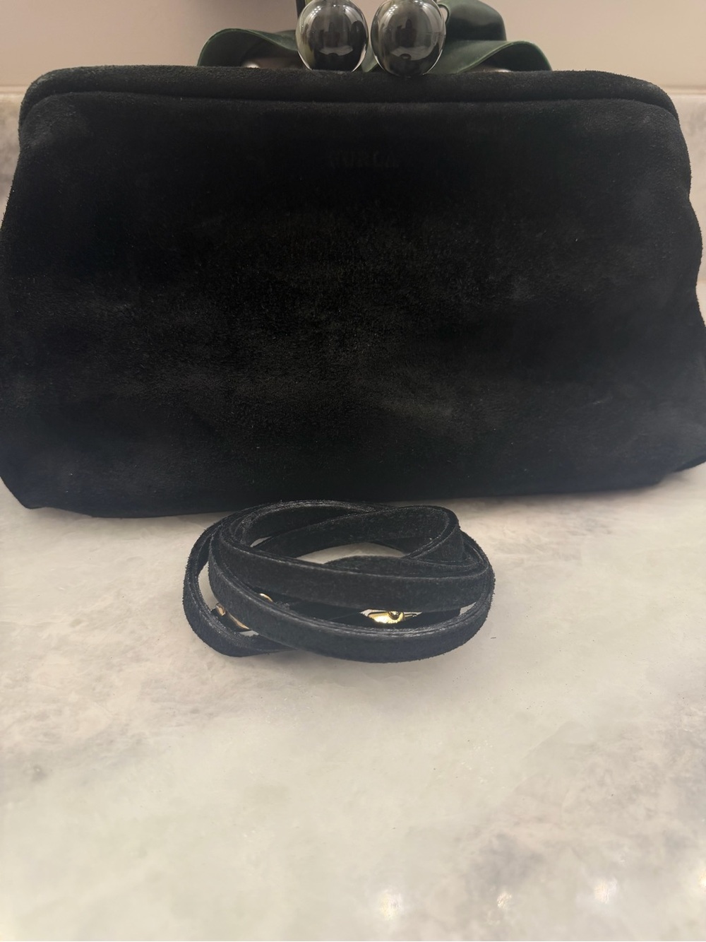 Furla Black Velvet Kiss-Lock Clutch with Strap